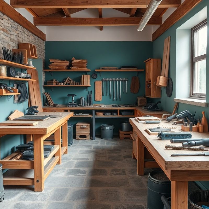 Notranjost delavnice s teal-modernimi poudarki in lesenimi delovnimi mizami